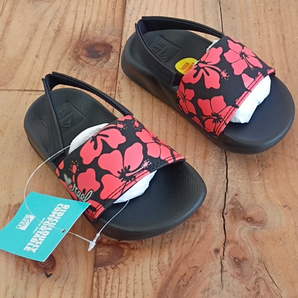 Reef Hibiscus Little One Slide Coral & Black Slingback Sandal Size 8 Toddler NWT